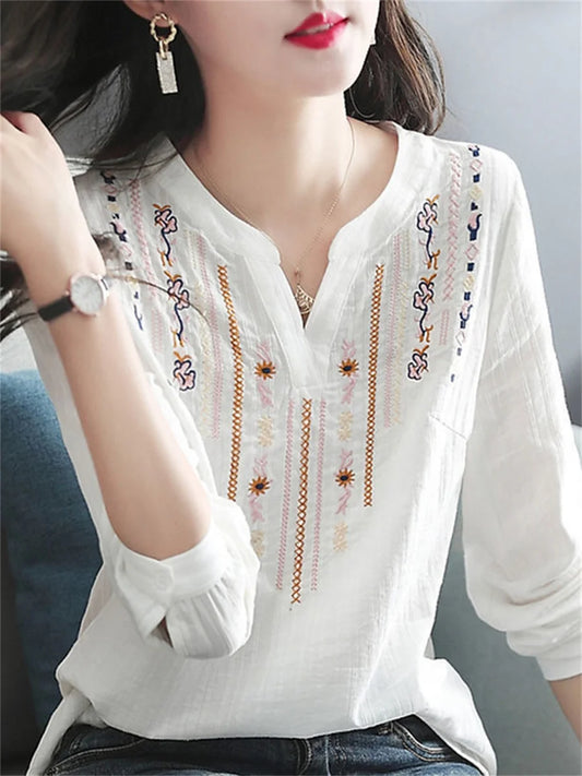 White Blouses V-Neck Long Sleeve