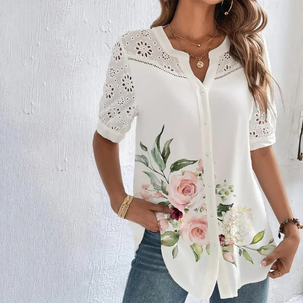 Lace Loose Shirt Short Sleeve Blouse