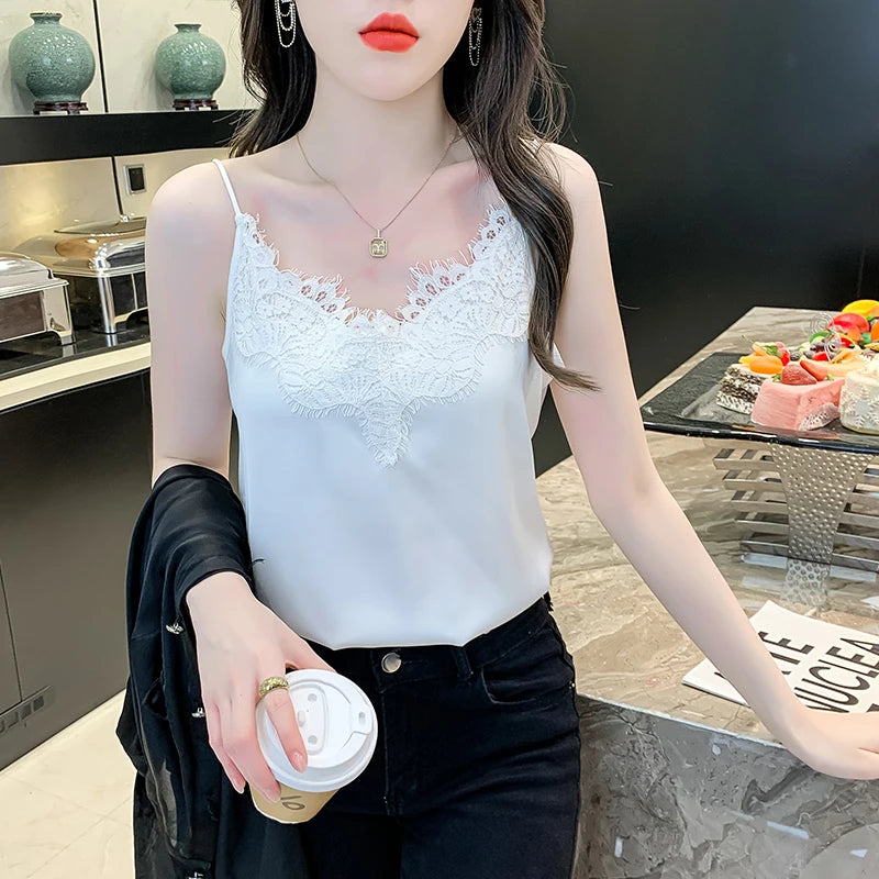 Silk Lace Sleeveless White Female Tank Top