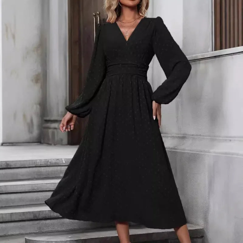 Off-Shoulder Lantern Sleeve Pleated Long Dress