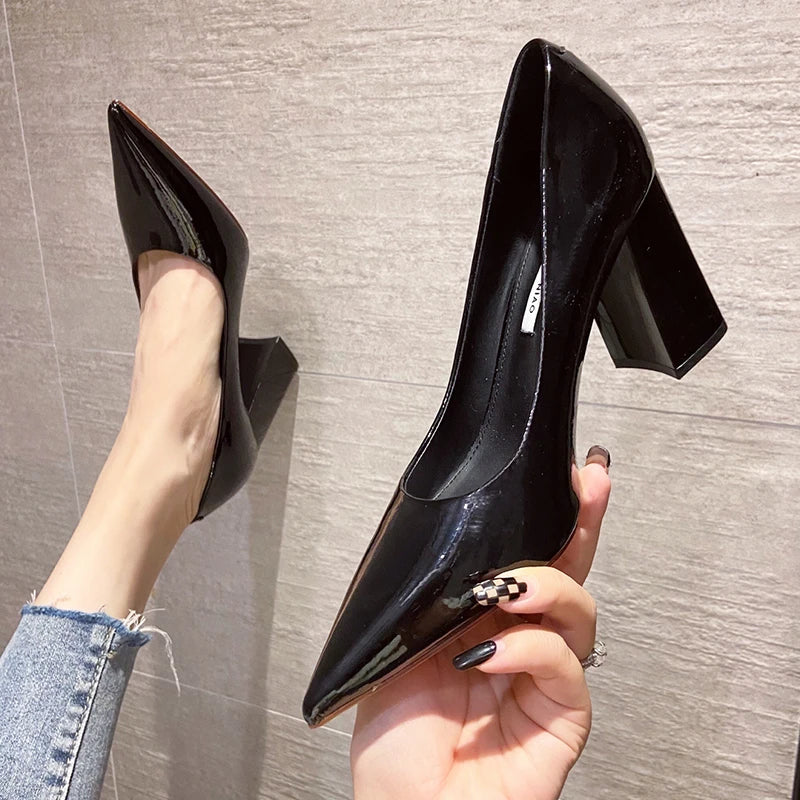 Patent Leather Slip-On Chunky Heel Pumps