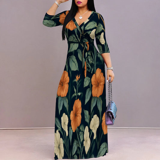 Plus Size Maxi Dress S-3XL V-Neck Wrap Belted