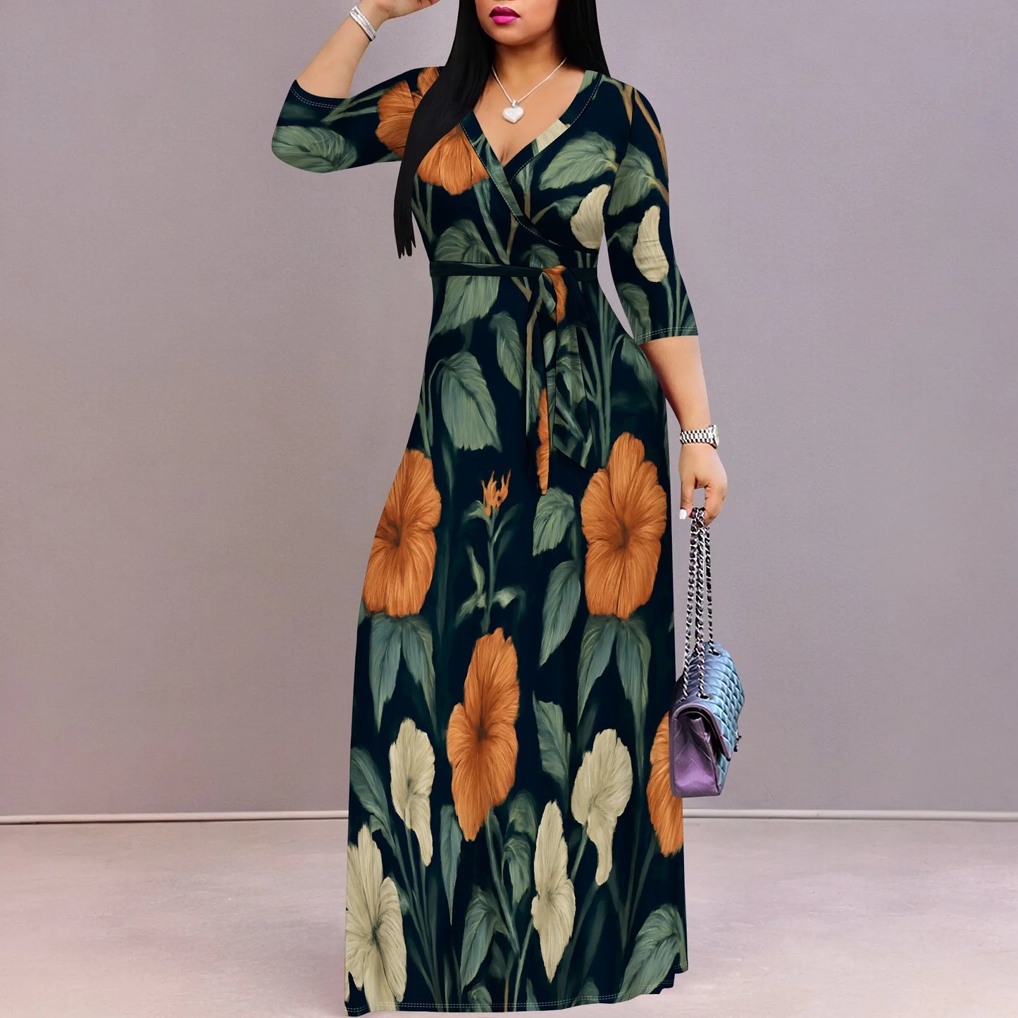 Plus Size Maxi Dress S-3XL V-Neck Wrap Belted