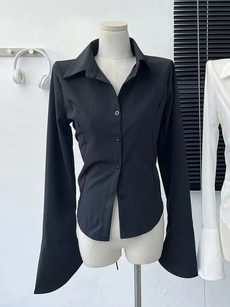 White Shirt Long Sleeve Lace Up Black Slim