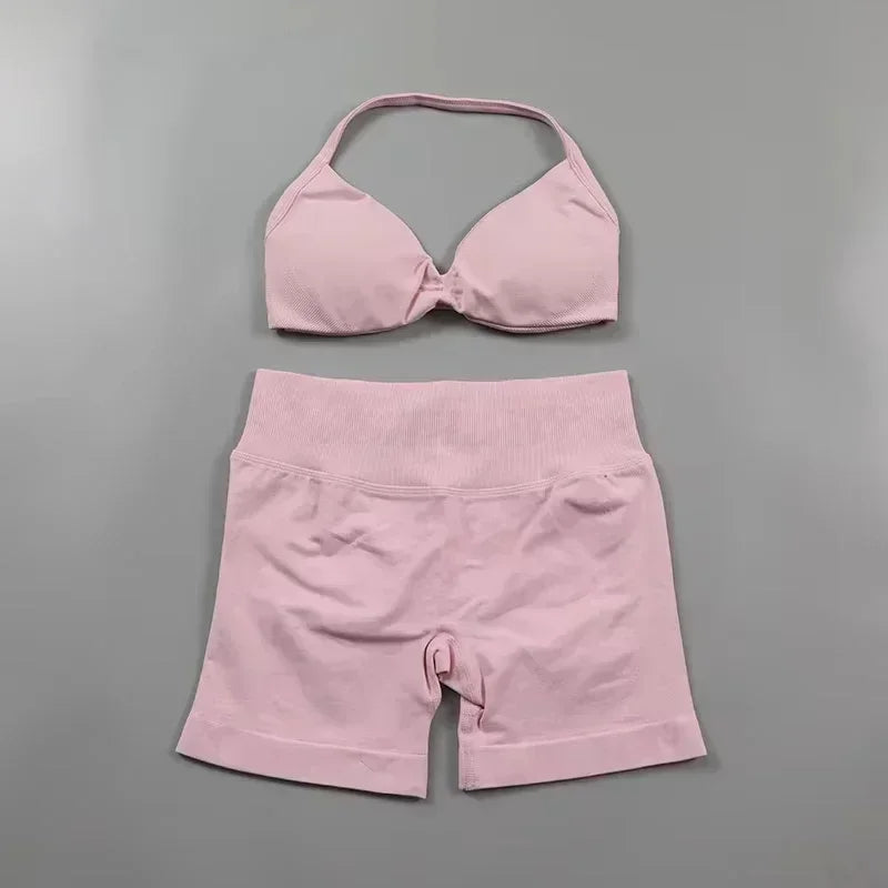 2 Piece Strappy Yoga Bra Top  Shorts Fitness