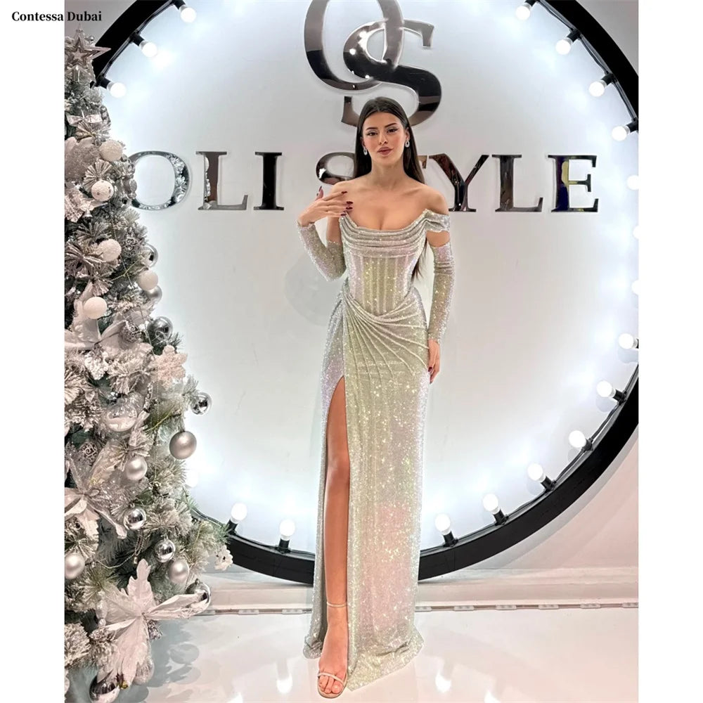Silver Off Shoulder Side High Split evening dresses