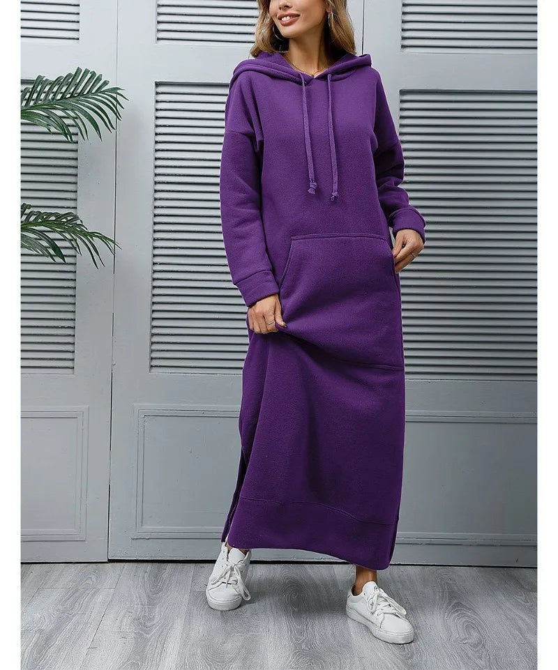 Hoodies Dress Lace-up Midi Robe Hooded
