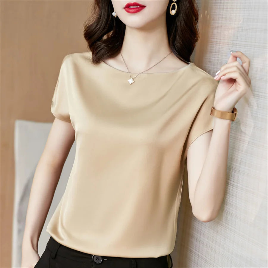 Short Sleeve O-Neck Satin Blouse