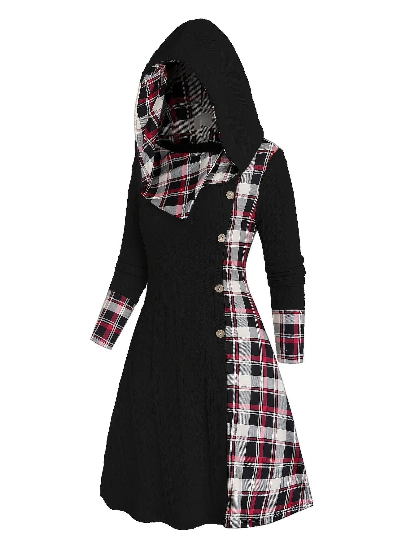 Knitted hooded plaid, fake buckle high waist