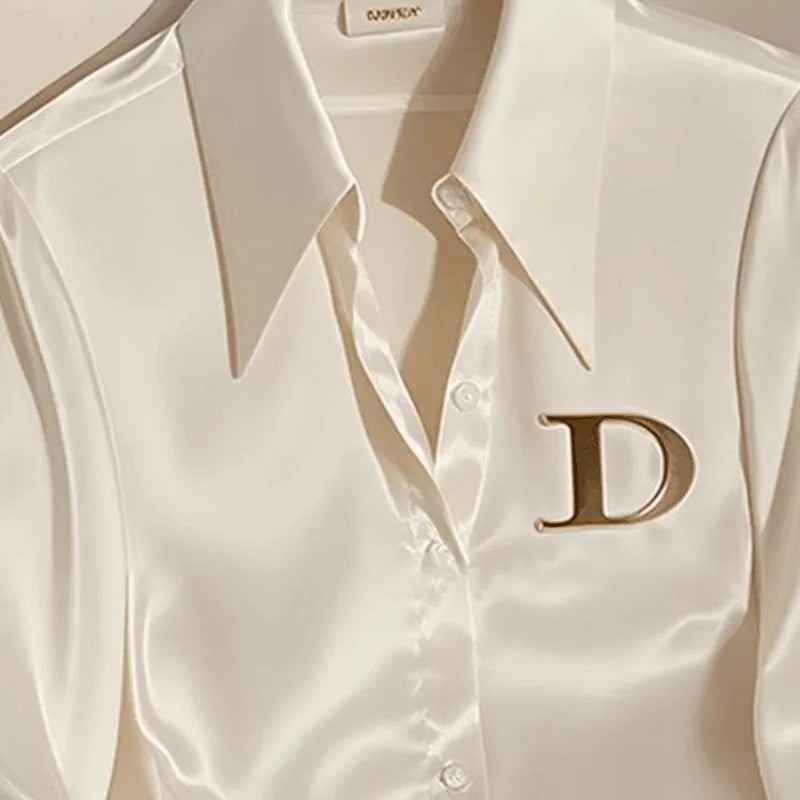 French Women's White Satin Shirt Turn-down Collar