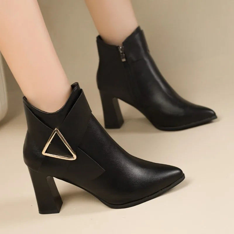 High Heel Short Sexy Pointed Leather Waterproof