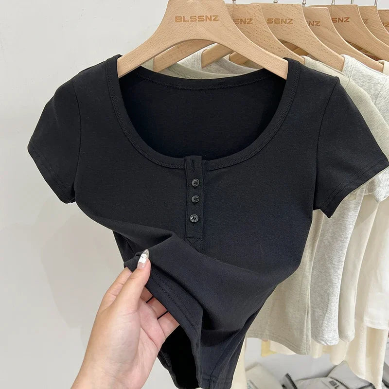 Button T-Shirt Cotton Slim  Short Sleeve Top