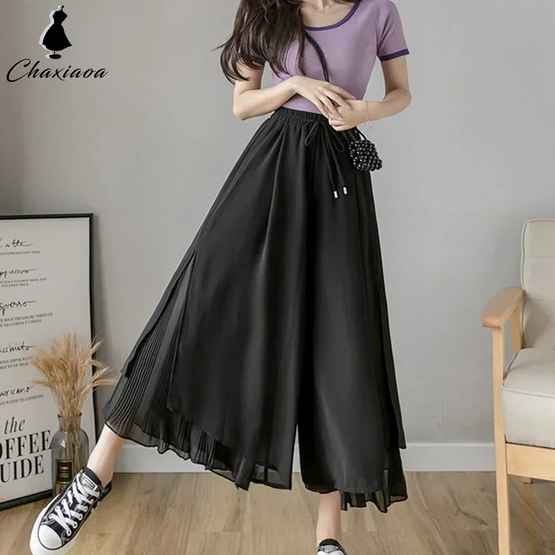 Culottes Hem Double Layers Loose Pleated Pants