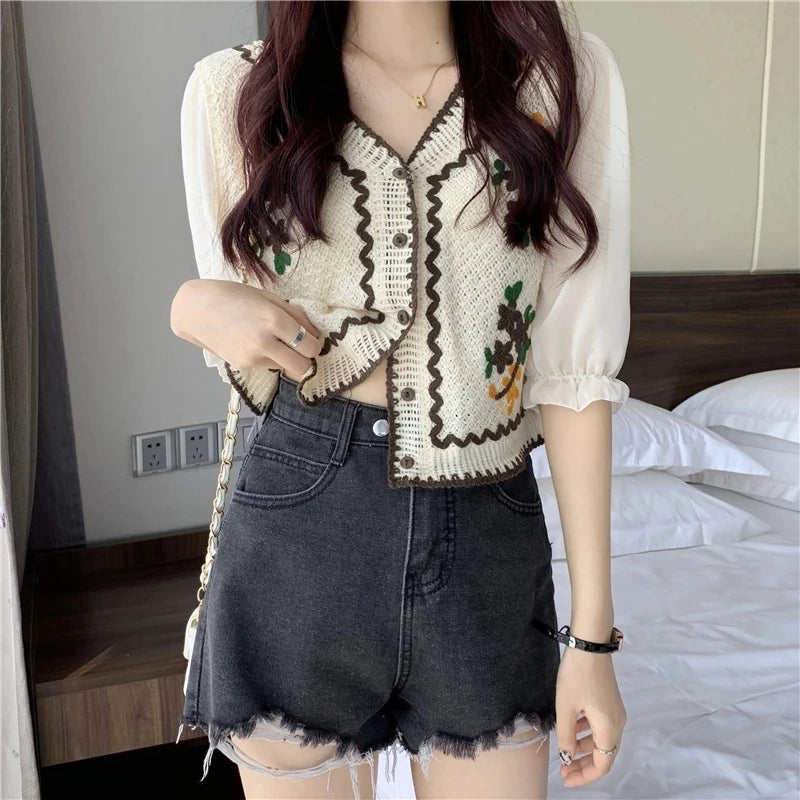 Flower Embroidery Crochet  Chiffon Sleeve  Top