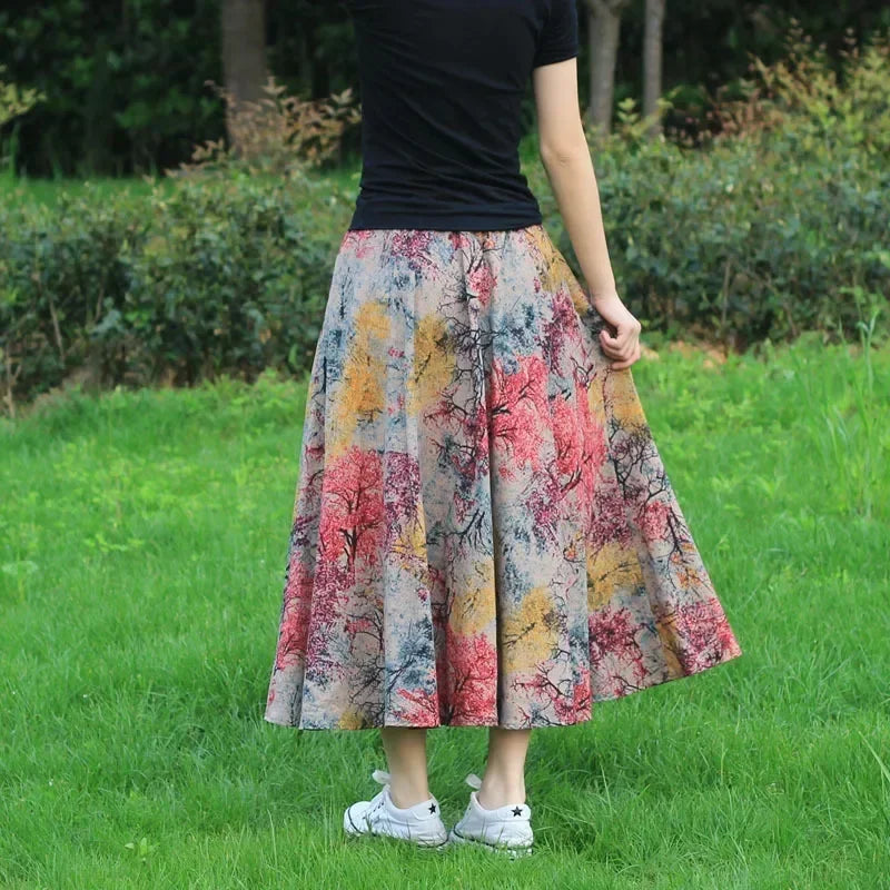 Cotton Linen Print Long Skirt Vintage