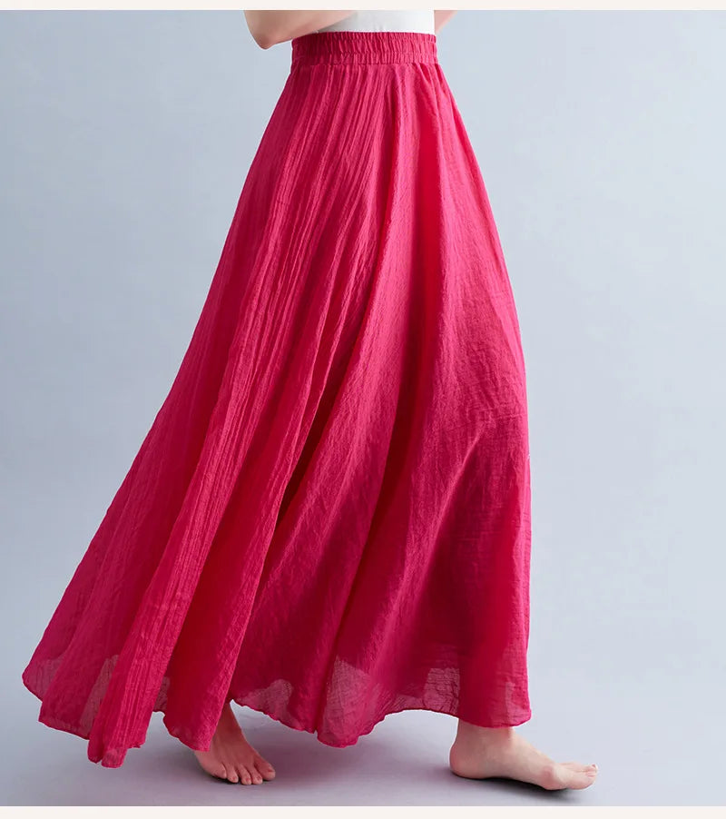 Cotton Linen Dress Elastic Waist Long Skirts