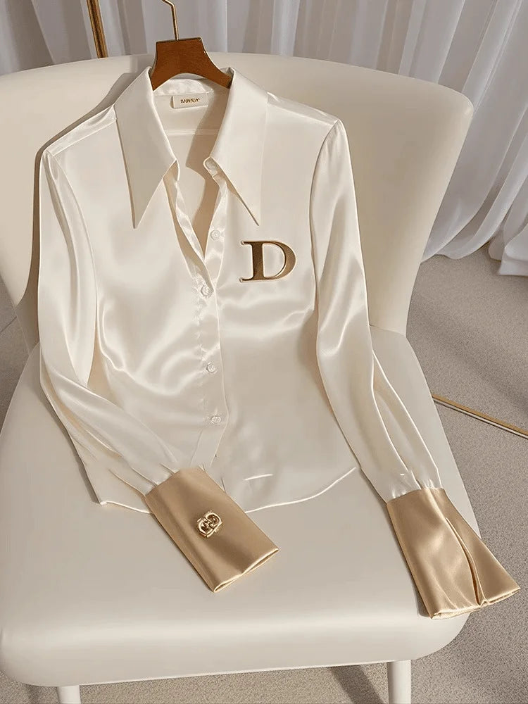 French Women's White Satin Shirt Turn-down Collar