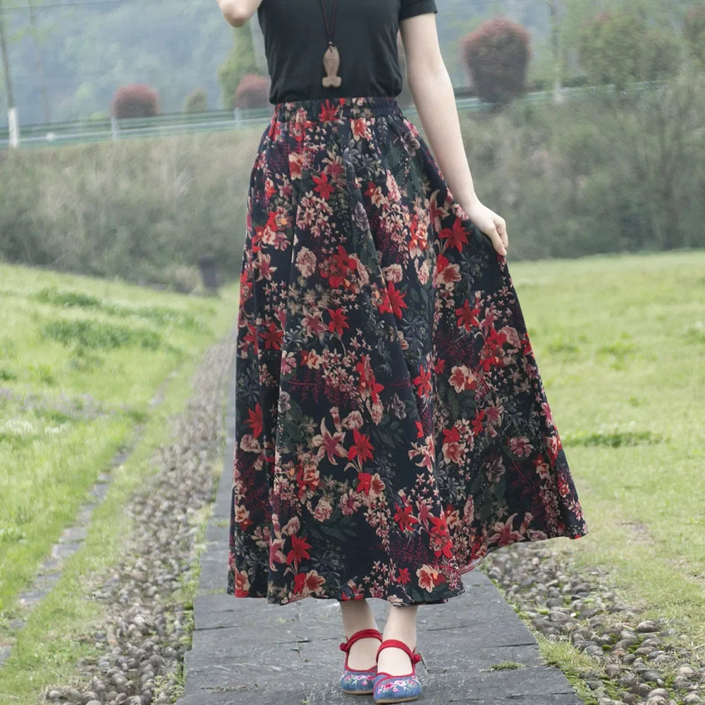 Cotton Linen Print Long Skirt Vintage