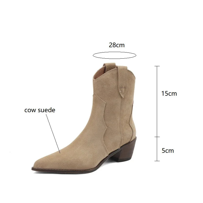 Cow Suede Pointed Toe Chunky Heel Boots