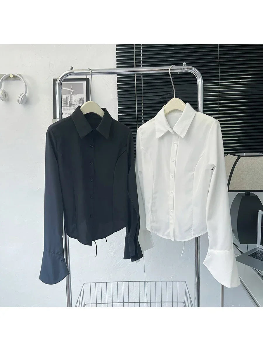 White Shirt Long Sleeve Lace Up Black Slim