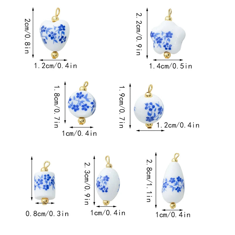 5Pcs Blue printing Adorable Ceramic Charms