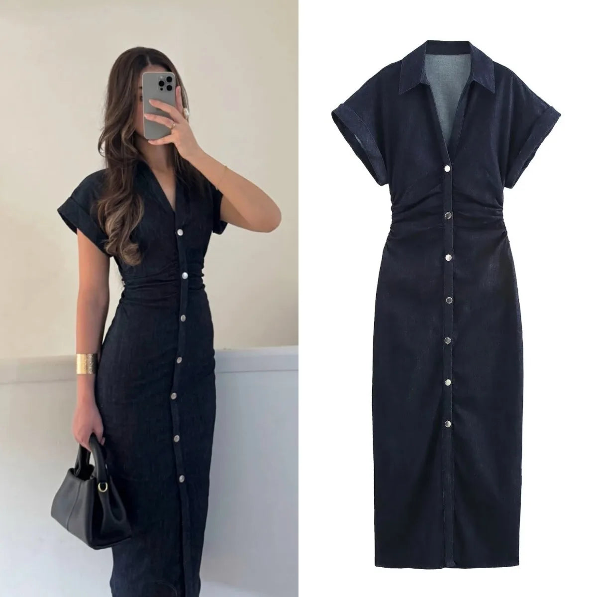 Denim MIDI Dress Short Sleeves Side Zipper