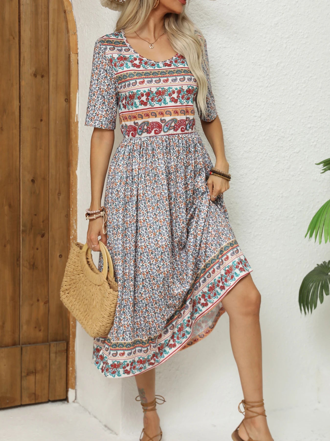 Round Neck Short Sleeve Print Dress