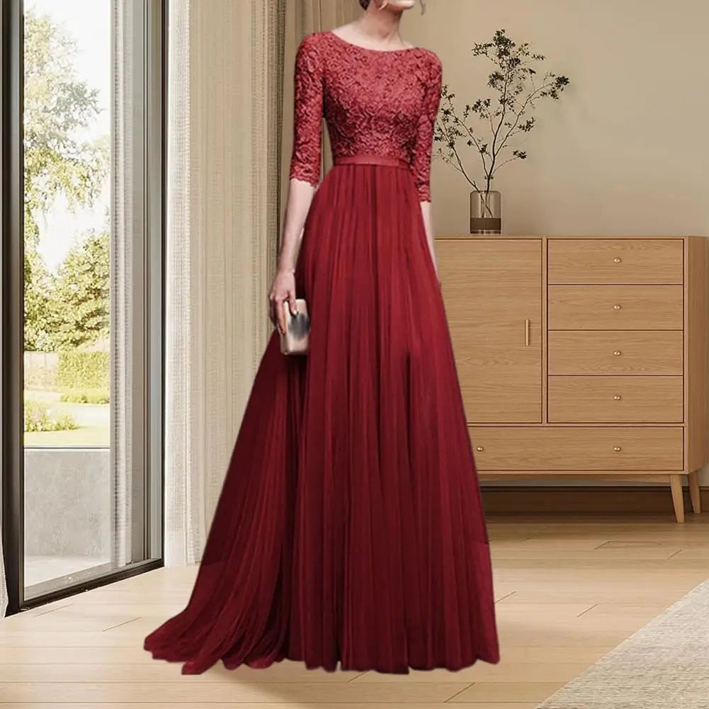 Maxi Dress Lace Flower Embroidery Pleated