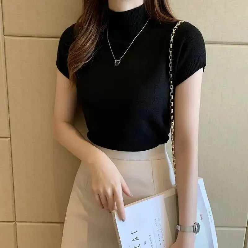 Women's Half-High Neck T-Shirt Solid-Coloured