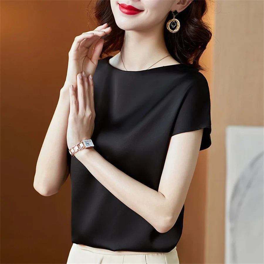 Short Sleeve O-Neck Satin Blouse