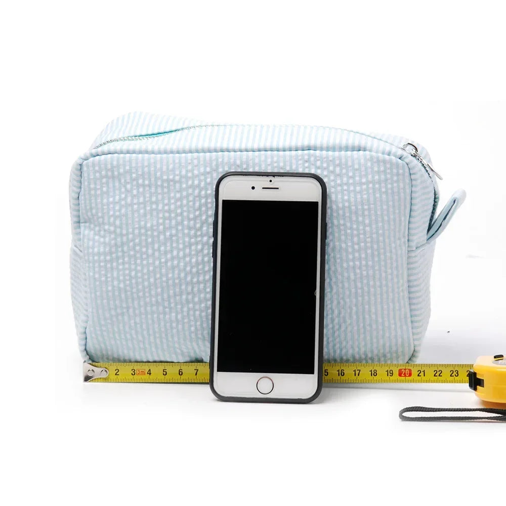 Seersucker Ruffle Cosmetic Travel Bag Makeup Bag