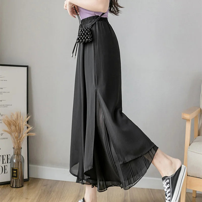 Culottes Hem Double Layers Loose Pleated Pants