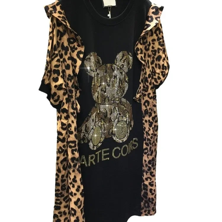 Leopard Print Dress Short Sleeves  Women's Top