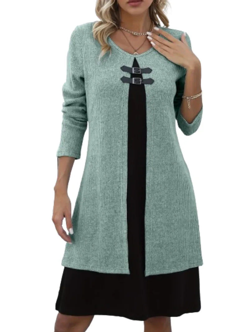 Solid Long Sleeved Round Neck Knitted  Dress