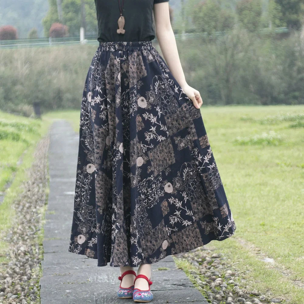 Cotton Linen Print Long Skirt Vintage