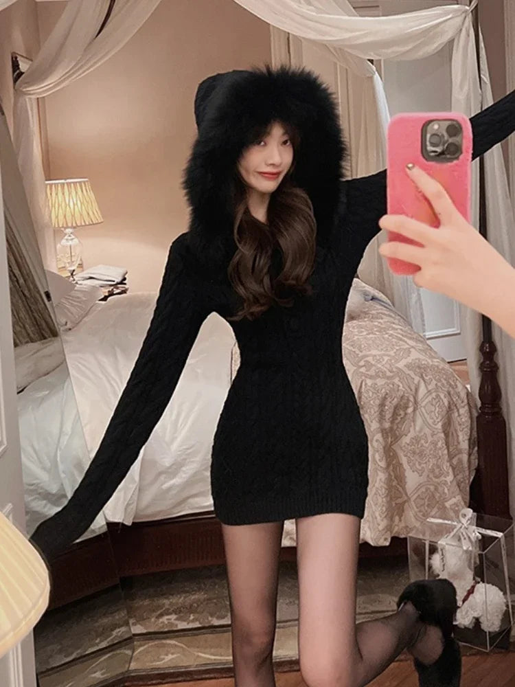 Knitted Sweater Dress with Hooded  Faux Fur