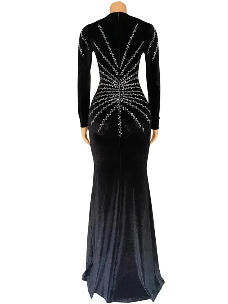 Elegant Diamonds Velvet Long  Deep V Evening