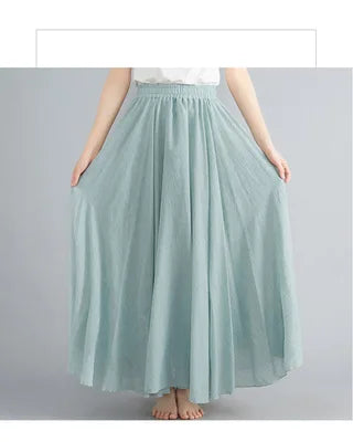 Cotton Linen Dress Elastic Waist Long Skirts