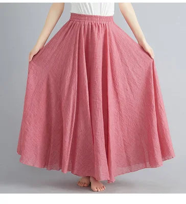 Cotton Linen Dress Elastic Waist Long Skirts