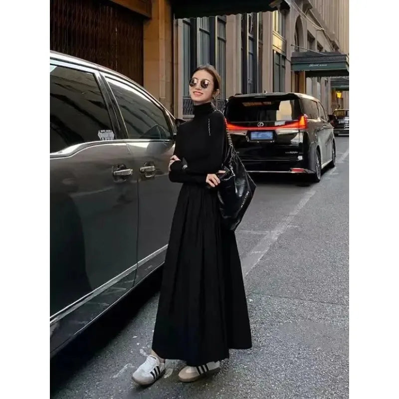 Black Hepburn Style, Gray Turtleneck Dress