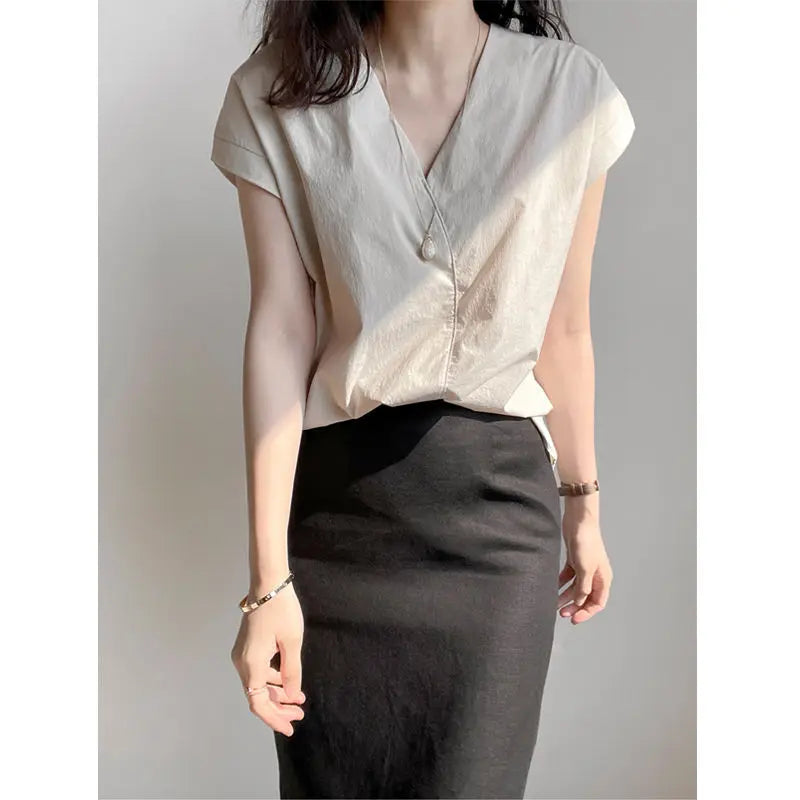 Half Sleeve  Button Up V Neck Blouse