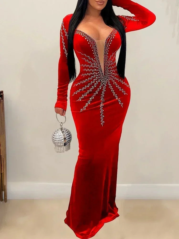 Elegant Diamonds Velvet Long  Deep V Evening