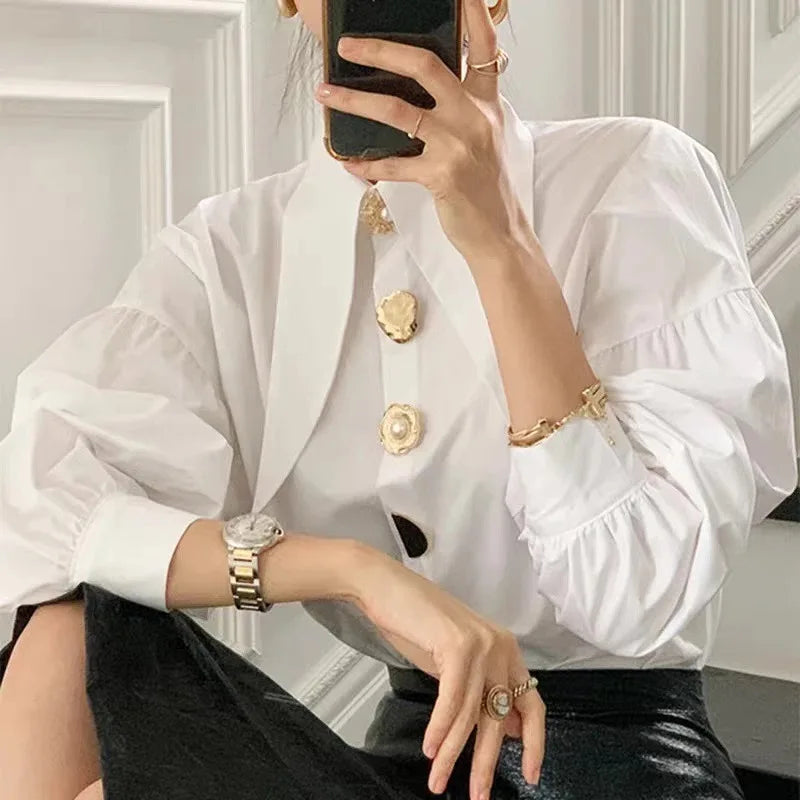Elegant Pearl  Shirts Sharp Corner Collar Long Sleeve