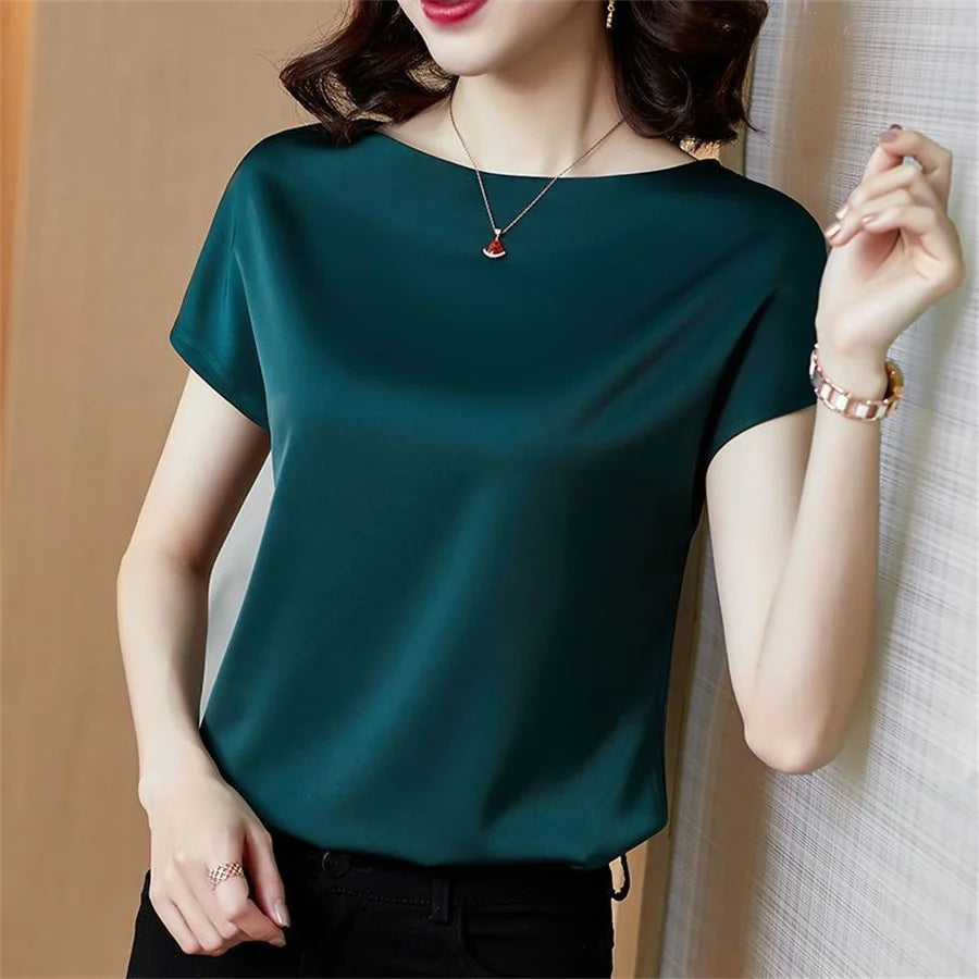 Short Sleeve O-Neck Satin Blouse