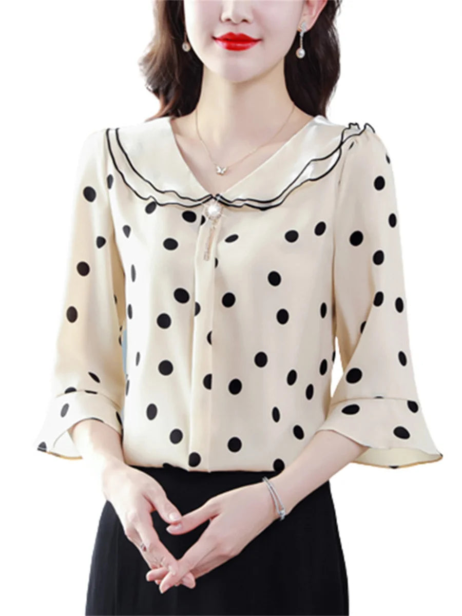 Polka Dots Half Sleeve Ruffles Collar
