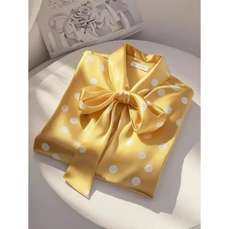 Satin Polka Dot Print Shirt Lace-up Bow