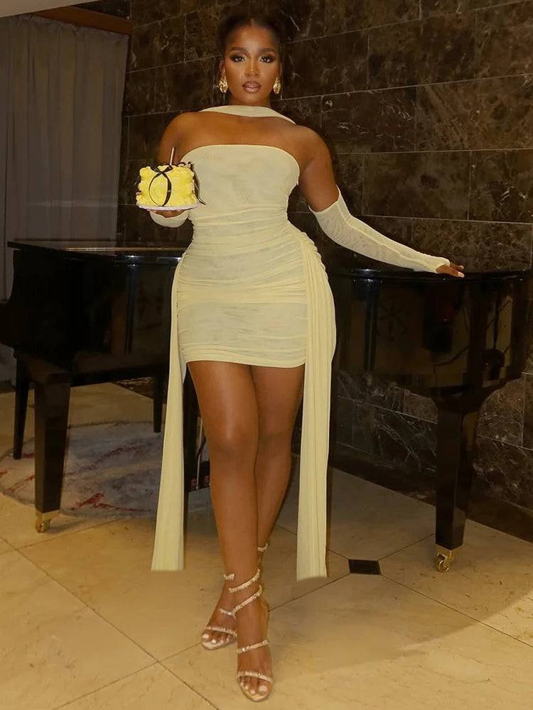 Mesh Mini Dress Strapless Ribbons Tassel  Gloves