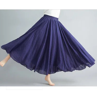 Cotton Linen Dress Elastic Waist Long Skirts