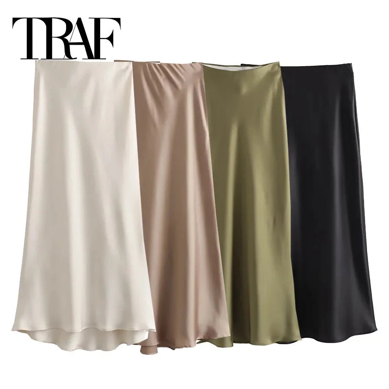 Satin Women High Waist Long Skirts