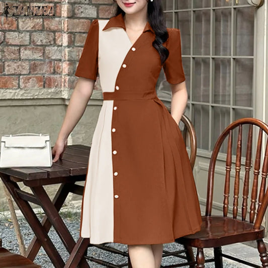 Elegant Lapel Neck Short Sleeve Pleated  Work